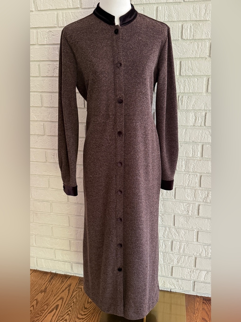 Vintage Norm Thompson Marled Maxi Dress Velvet Trim Button Front Duster M